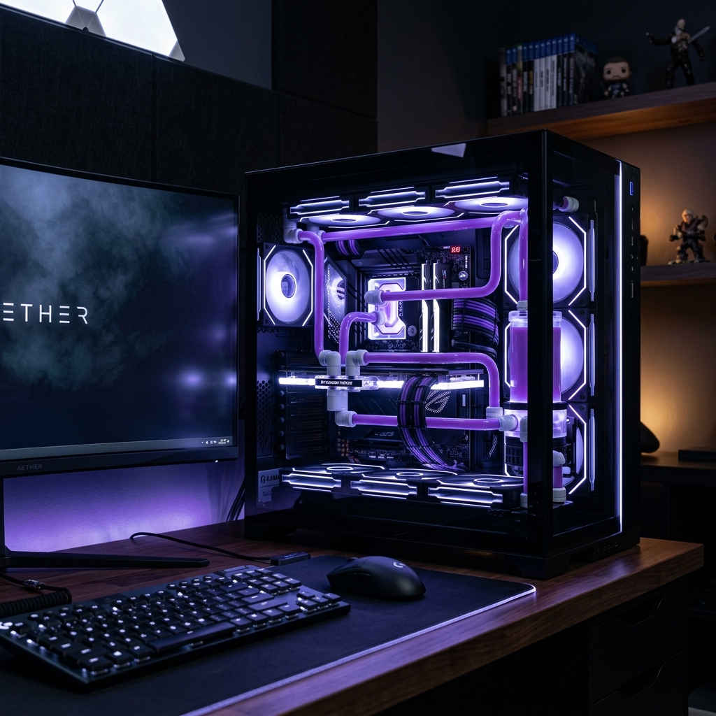 Computadora de escritorio KRONOS iluminada en un ambiente oscuro
